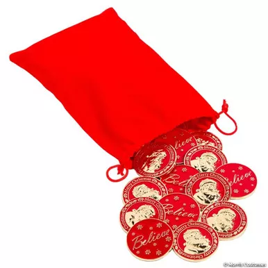 1 1/4″ Red Santa Believe Metal Coins With Red Velvet Drawstring Bag – 24 Pc.